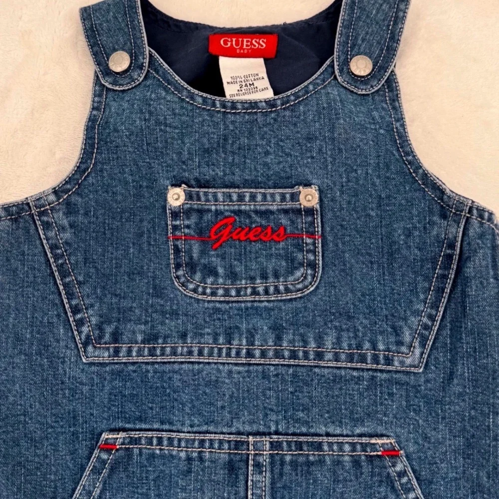 Vintage Guess Baby Dark Wash Denim Overall Jumper Dress Size 24M 100% Cotton